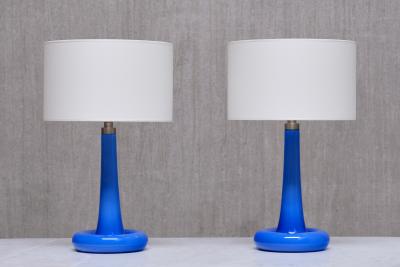 Michael Bang Pair of Michael Bang Blue Glass Table Lamps Holmegaard Denmark 1970s
