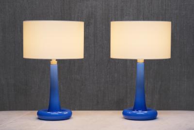 Michael Bang Pair of Michael Bang Blue Glass Table Lamps Holmegaard Denmark 1970s