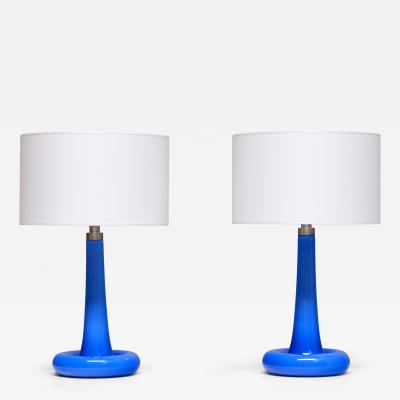 Michael Bang Pair of Michael Bang Blue Glass Table Lamps Holmegaard Denmark 1970s