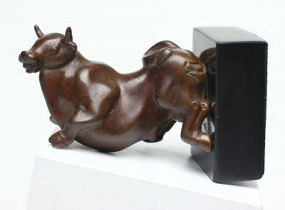 Michael Lantz Rare Bronze Sculpture of a Sitting Bull by American Sculptor Michael Lantz