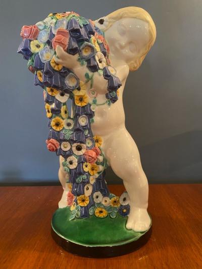 Michael Powolny RARE ICONIC MICHAEL POWOLNY SPRING CHERUB WITH FLOWERS CERAMIC FIGURE