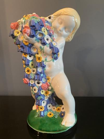 Michael Powolny RARE ICONIC MICHAEL POWOLNY SPRING CHERUB WITH FLOWERS CERAMIC FIGURE