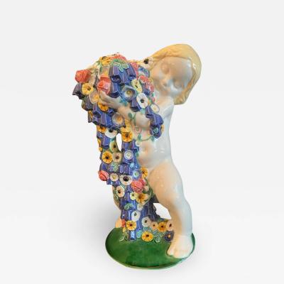 Michael Powolny RARE ICONIC MICHAEL POWOLNY SPRING CHERUB WITH FLOWERS CERAMIC FIGURE