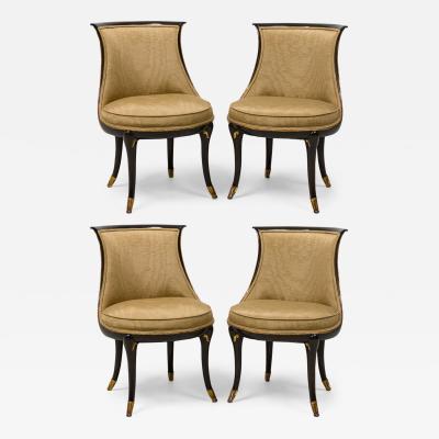 Michael Taylor Set of 4 Michael Taylor Walnut and Brass Inlaid Upholstered Dining Chairs