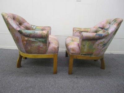 Michael Taylor Spectacular Pair of Mid Century Modern Barrel Back Club Chairs Asian Influenced