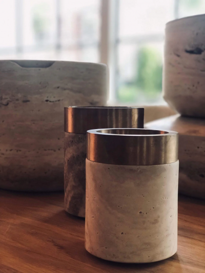 Michael Verheyden X SMALL COPPA CONTAINER WITH BRONZE RIM AND TRAVERTINE