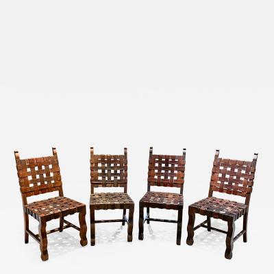 Michael van Beuren Hermanos Soto 4 Woven Saddle Leather Strap Chairs Rustic Mahogany Mexico 1950s