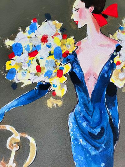 Michaele Vollbracht Fashion Illustration of Elegant woman in Bob Mackie dress perhaps for Cher