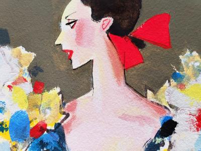 Michaele Vollbracht Fashion Illustration of Elegant woman in Bob Mackie dress perhaps for Cher