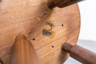 Micheal Rozell Pair of Michael Rozell Studio Bar Stools Figured Walnut and Leather