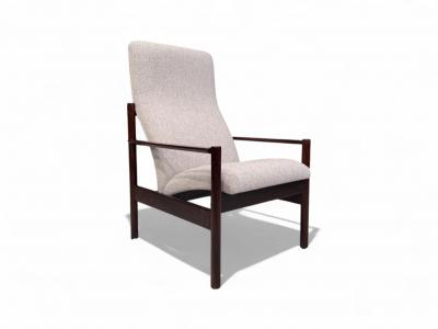 Michel Arnoult Tall Armchair in Imbuia Wood Grey Bocule Michel Arnault 1960s Lot 154A