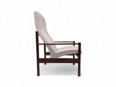 Michel Arnoult Tall Armchair in Imbuia Wood Grey Bocule Michel Arnault 1960s Lot 154A