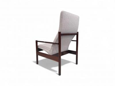 Michel Arnoult Tall Armchair in Imbuia Wood Grey Bocule Michel Arnault 1960s Lot 154A