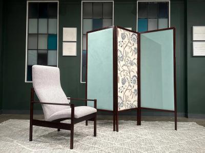 Michel Arnoult Tall Armchair in Imbuia Wood Grey Bocule Michel Arnault 1960s Lot 154A