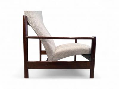 Michel Arnoult Tall Armchair in Imbuia Wood Grey Bocule Michel Arnault 1960s Lot 154A
