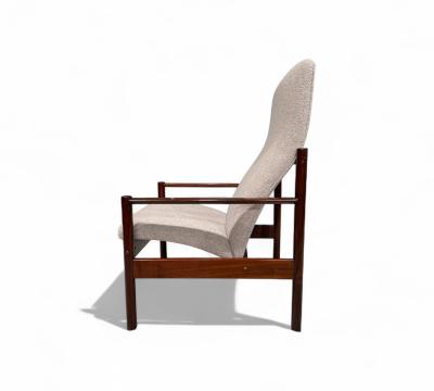 Michel Arnoult Tall Armchair in Imbuia Wood Grey Bocule Michel Arnault 1960s Lot 154A