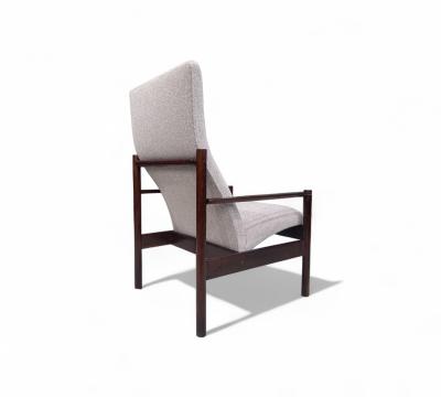 Michel Arnoult Tall Armchair in Imbuia Wood Grey Bocule Michel Arnault 1960s Lot 154A