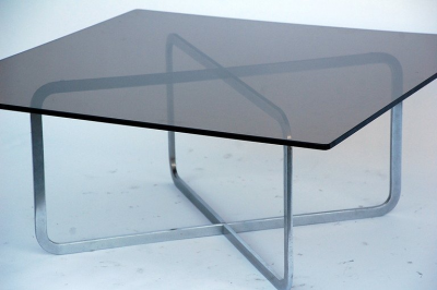 Michel Boyer Brushed Steel and Smoked Glass Coffee Table in the Style of Michel Boyer
