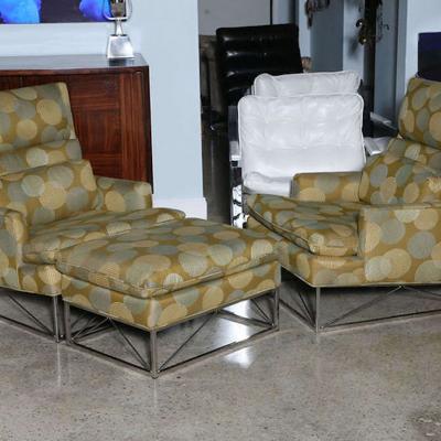 Michel Boyer Fine Pair of Michel Boyer Chrome High Back Chairs and Ottoman