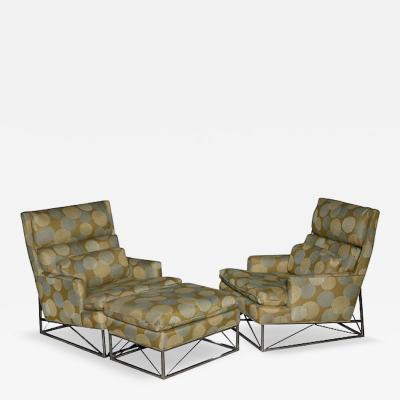 Michel Boyer Fine Pair of Michel Boyer Chrome High Back Chairs and Ottoman