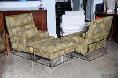 Michel Boyer Fine Pair of Michel Boyer Chrome High Back Chairs and Ottoman