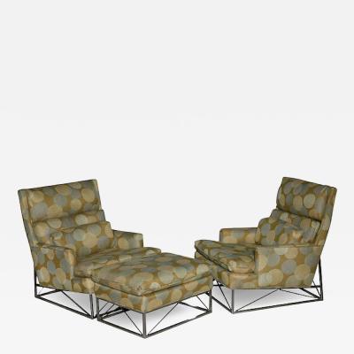 Michel Boyer Fine Pair of Michel Boyer Chrome High Back Chairs and Ottoman
