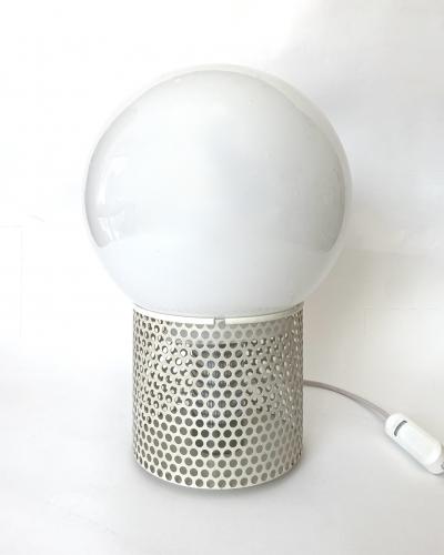 Michel Boyer MICHEL BOYER PERFORATED WHITE LACQUER MODEL 10524 OPALINE GLASS TABLE LAMP 1972