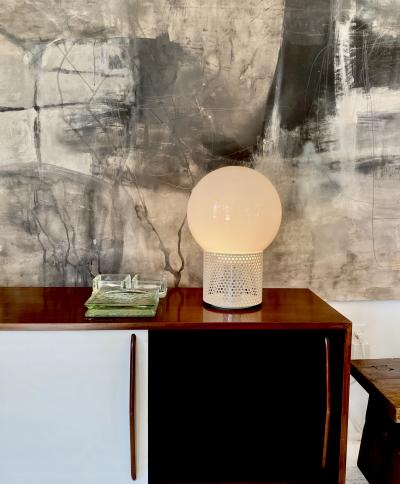 Michel Boyer MICHEL BOYER PERFORATED WHITE LACQUER MODEL 10524 OPALINE GLASS TABLE LAMP 1972