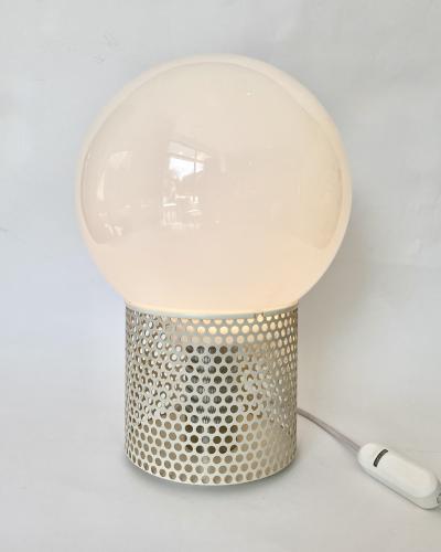 Michel Boyer MICHEL BOYER PERFORATED WHITE LACQUER MODEL 10524 OPALINE GLASS TABLE LAMP 1972