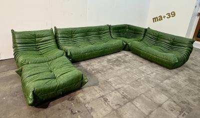 Michel Ducaroy 5 Piece Togo Sofa in Emerald Green Leather by Michel Ducaroy for Ligne Roset