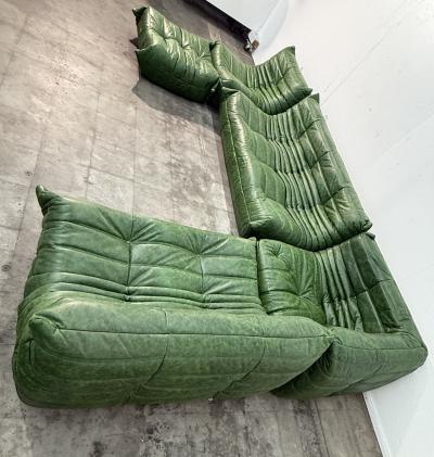 Michel Ducaroy 5 Piece Togo Sofa in Emerald Green Leather by Michel Ducaroy for Ligne Roset