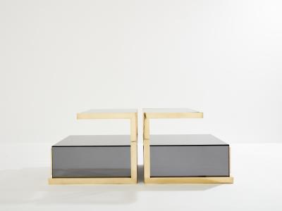Michel Pigneres Pair of Michel Pigneres smoked mirrored and brass side tables 1970s