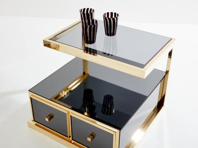 Michel Pigneres Pair of Michel Pigneres smoked mirrored and brass side tables 1970s