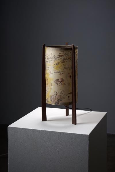 Michele Cascella Michele Cascella Signed Fabric and Wood Table Lamp 1950s