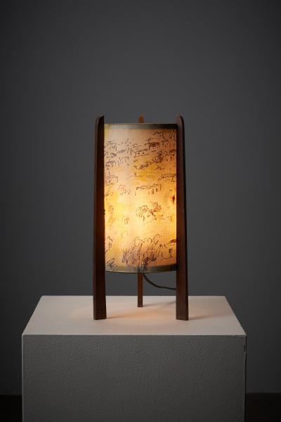 Michele Cascella Michele Cascella Signed Fabric and Wood Table Lamp 1950s