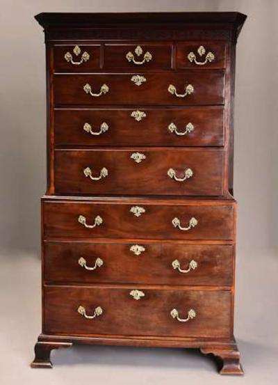 Mid 18th century mahogany chest on chest with superb original patina