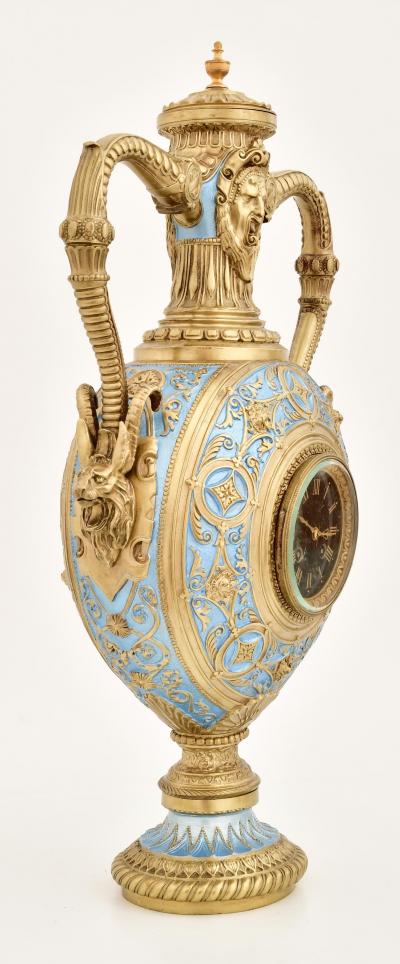 Mid 19th Century Antique French Gilt Bronze and Enamel Porcelain Urn Form Clock