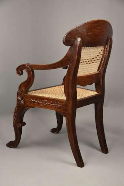 Mid 19th century Anglo Indian carved padouk open armchair