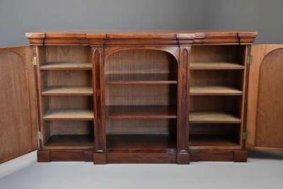 Mid 19th century mahogany breakfront bookcase with Gothic influence