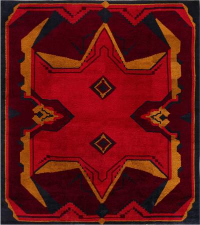Mid 20th Century Art Deco Design Black Brown Gold Orange Handmade Wool Rug