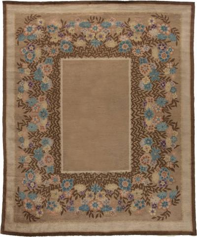 Mid 20th Century Art Deco Floral Chinese Beige Brown Blue Purple Wool Rug