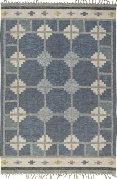 Mid 20th Century Blue Gray Ivory Swedish Snowflake Rug by Ingegerd Silow