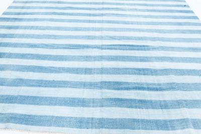 Mid 20th Century Blue Striped Indian Dhurrie Handmade Cotton Rug
