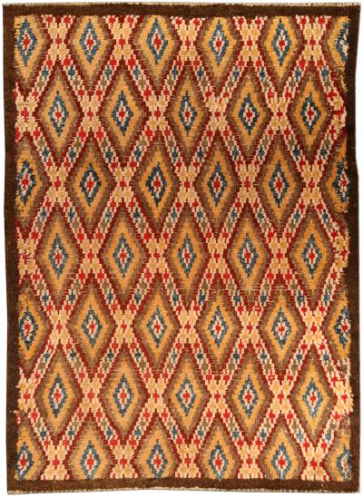 Mid 20th Century Bold Moroccan Red Blue Tan Yellow Cream Handmade Wool Rug