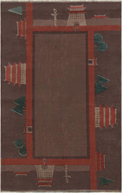 Mid 20th Century Chinese Art Deco Botanic Design Red Green Handmade Wool Rug