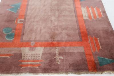 Mid 20th Century Chinese Art Deco Botanic Design Red Green Handmade Wool Rug