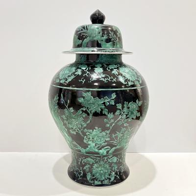 Mid 20th Century Chinese Export Black Green Tall Baluster Ginger Jar with Cover