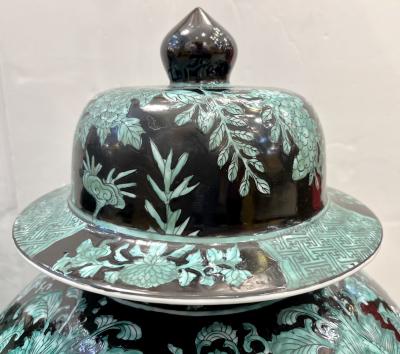Mid 20th Century Chinese Export Black Green Tall Baluster Ginger Jar with Cover