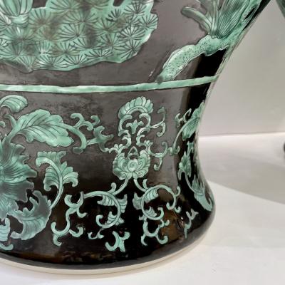 Mid 20th Century Chinese Export Black Green Tall Baluster Ginger Jar with Cover