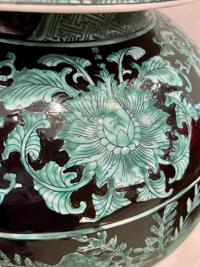 Mid 20th Century Chinese Export Black Green Tall Baluster Ginger Jar with Cover